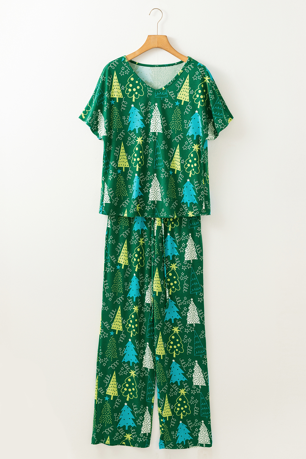 Rose Christmas Tree Print V Neck Tee and Pants Lounge Set