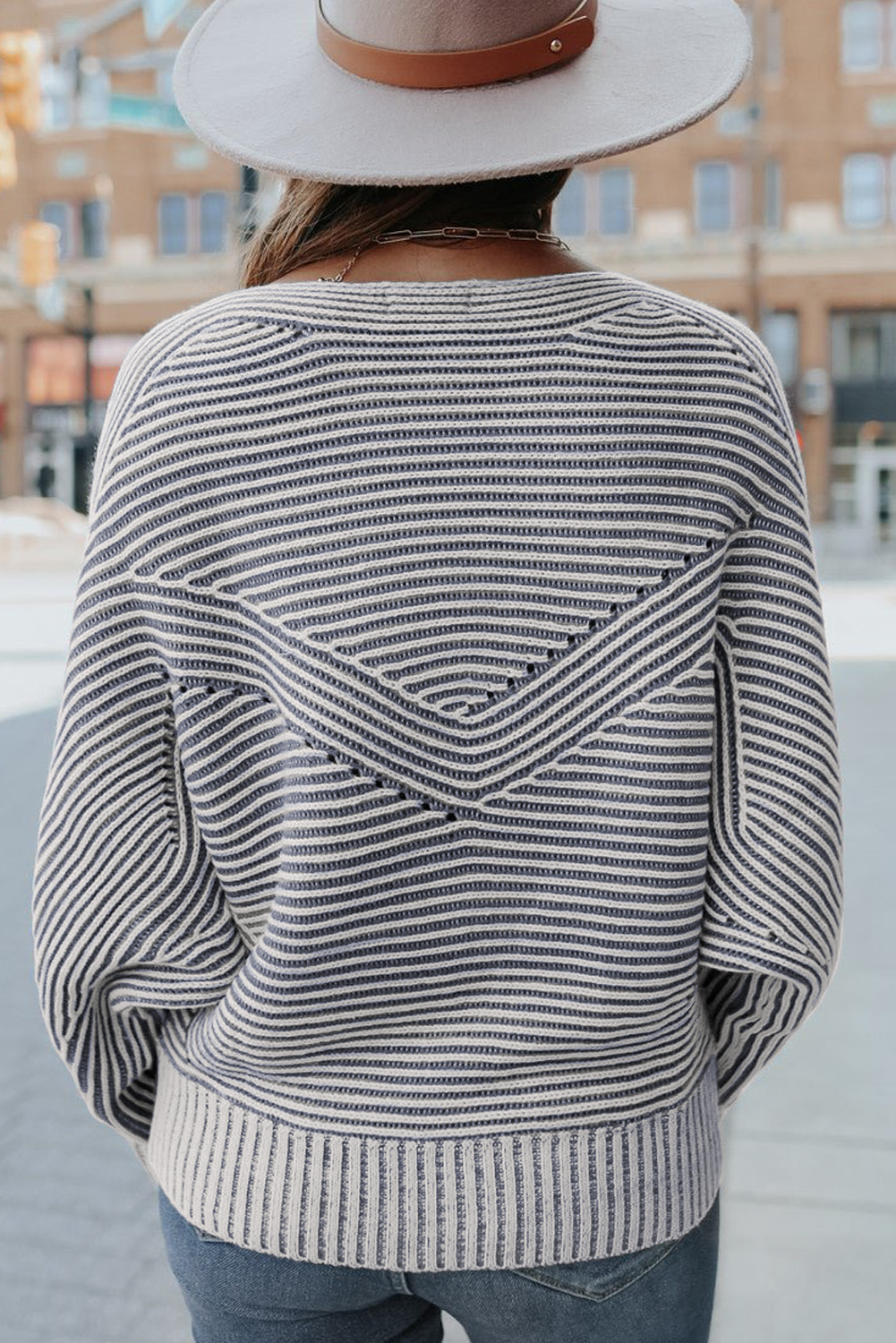 Coffee Striped Print Ribbed Knit Boat Neck Baggy Sweater