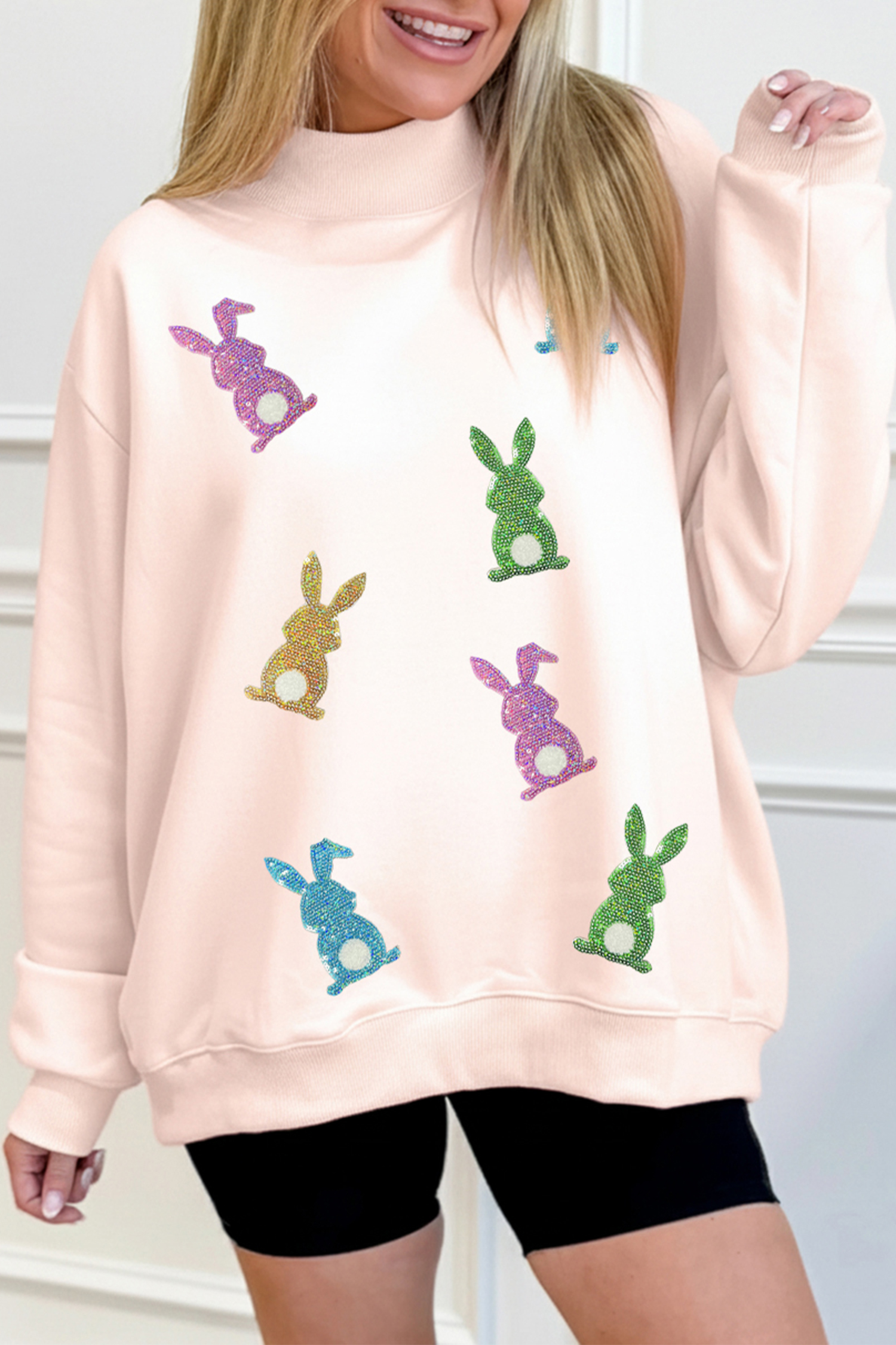 Apricot Pink Glittery Bunny Patched Mock Neck Sweatshirt