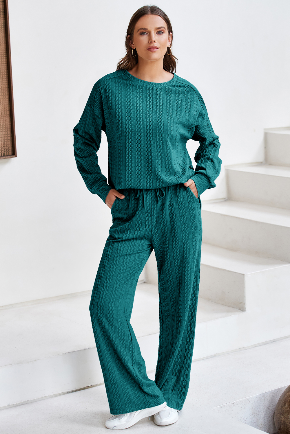 Smoke Green Textured Round Neck Sweatshirt & Loose Drawstring High Waist Pant Set