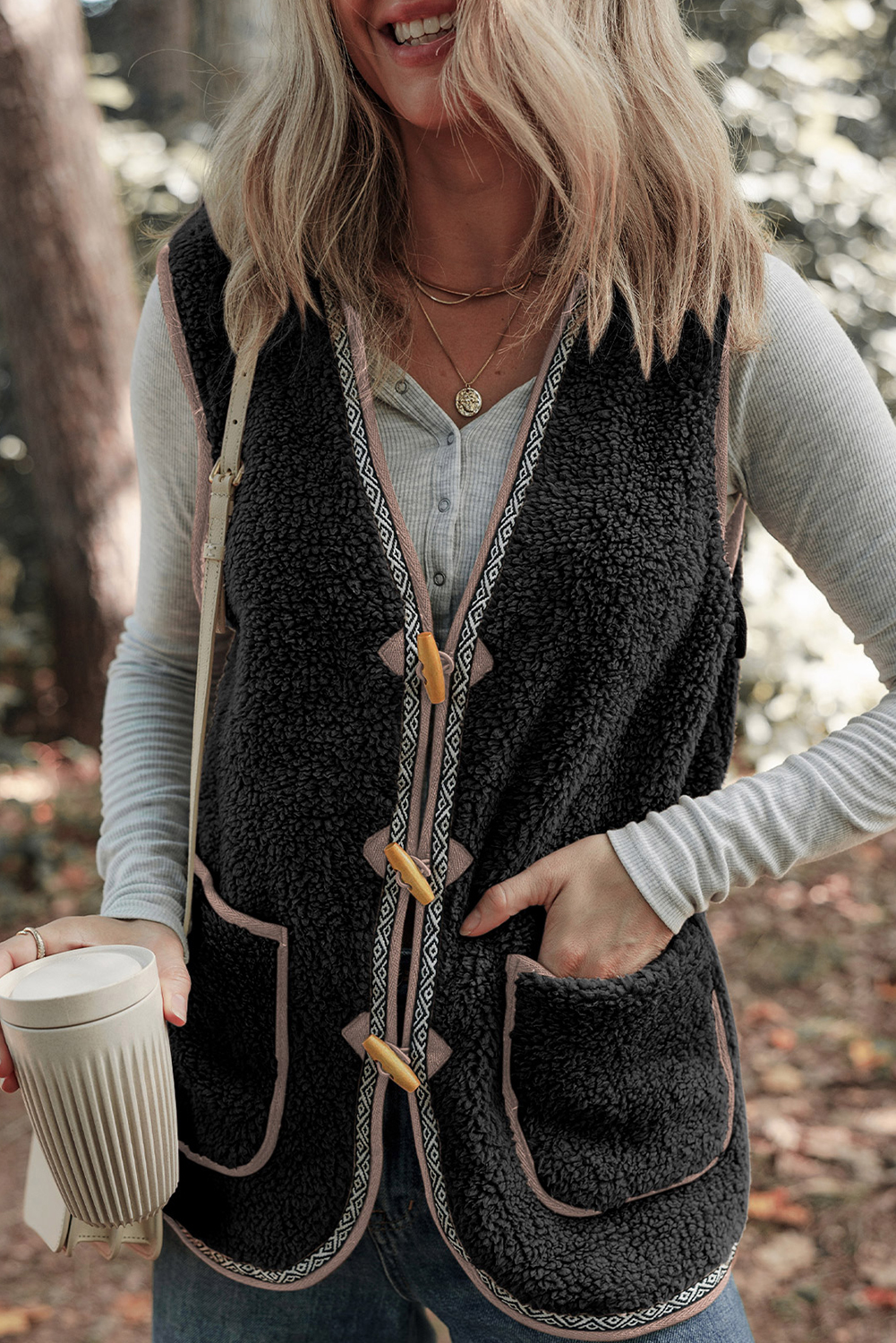 Dark Khaki Sherpa Contrast Trim Patch Pocket Cartridge Toggle Button Vest