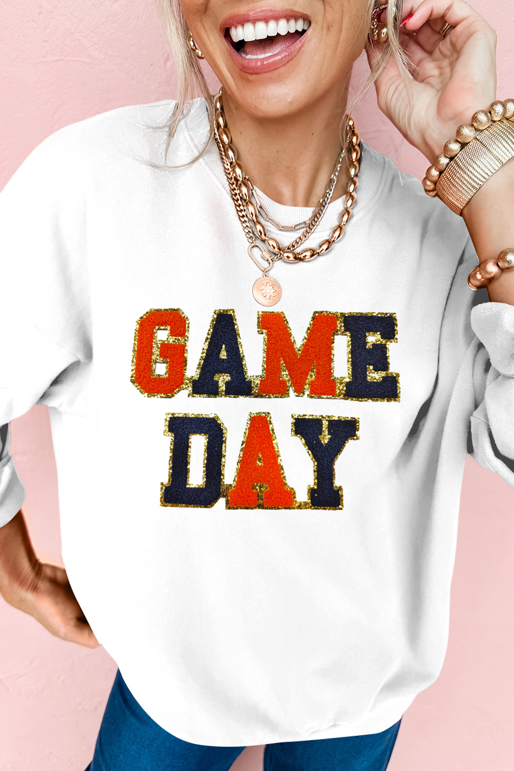 White GAME DAY Chenille Letter Graphic Sweatshirt