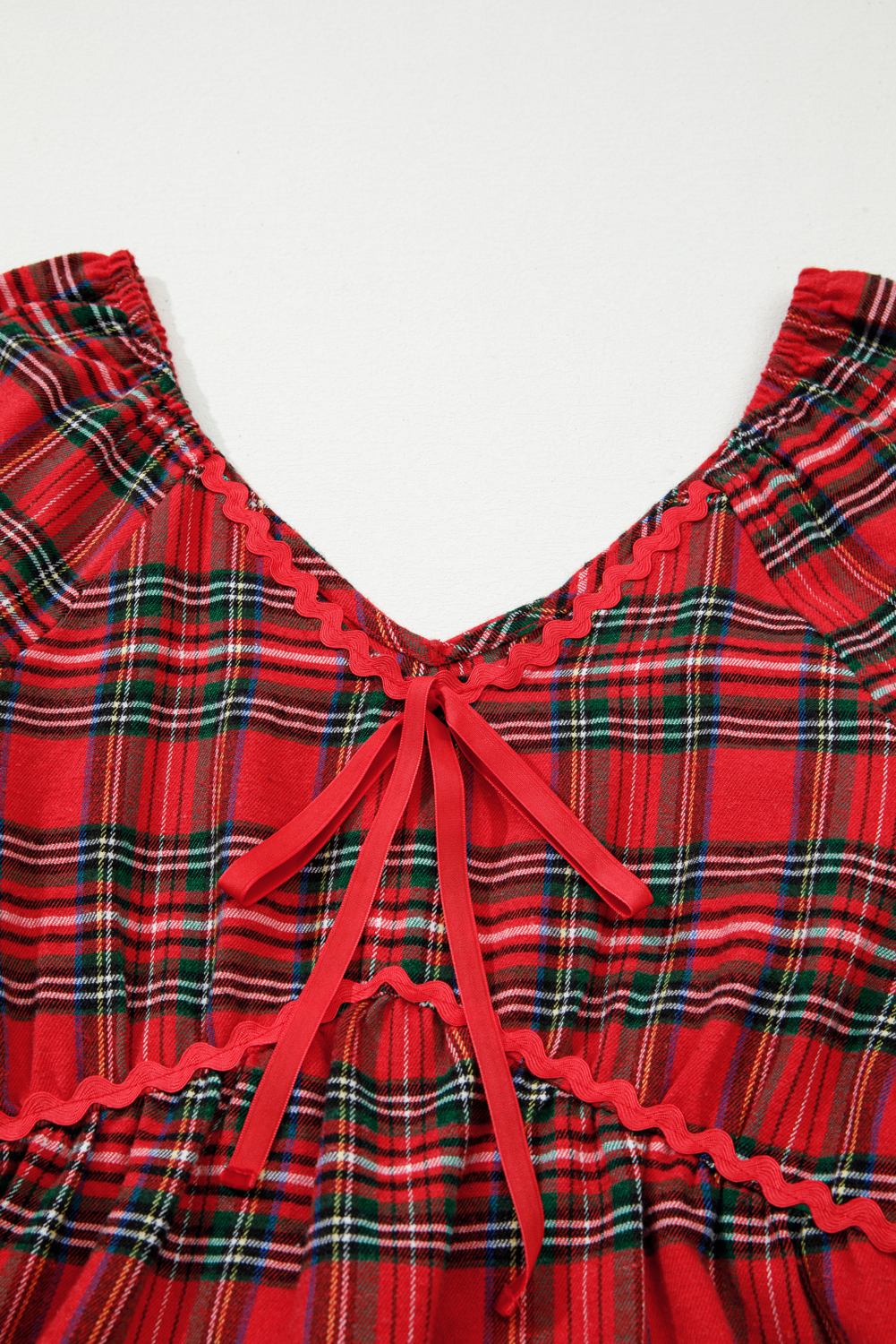 Red Plaid Print Ricrac Tiered Bubble Sleeve Mini Dress