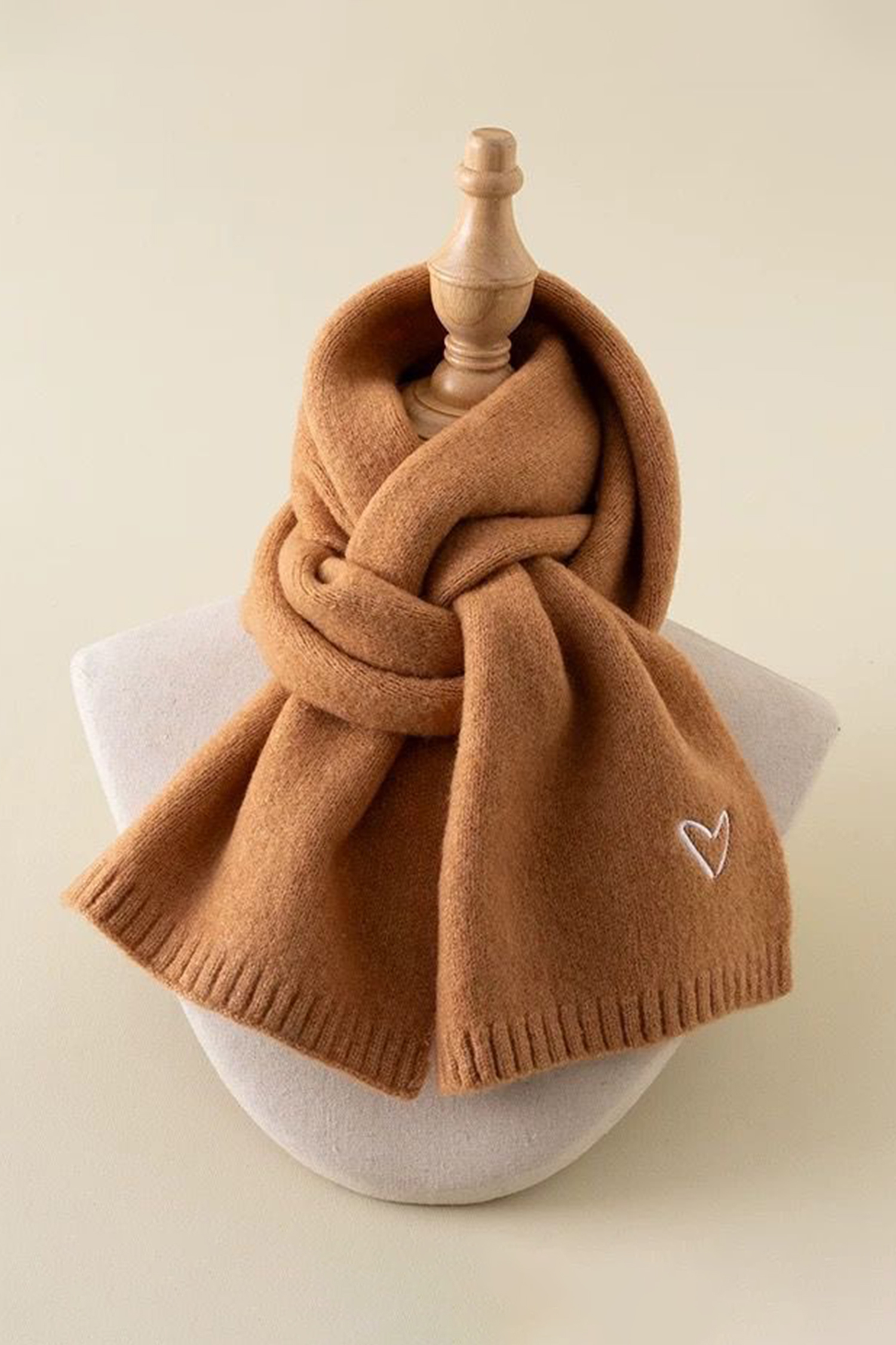 Thai Curry Tiny Heart Embroidered Detail Ribbed Trim Warm Knit Scarf