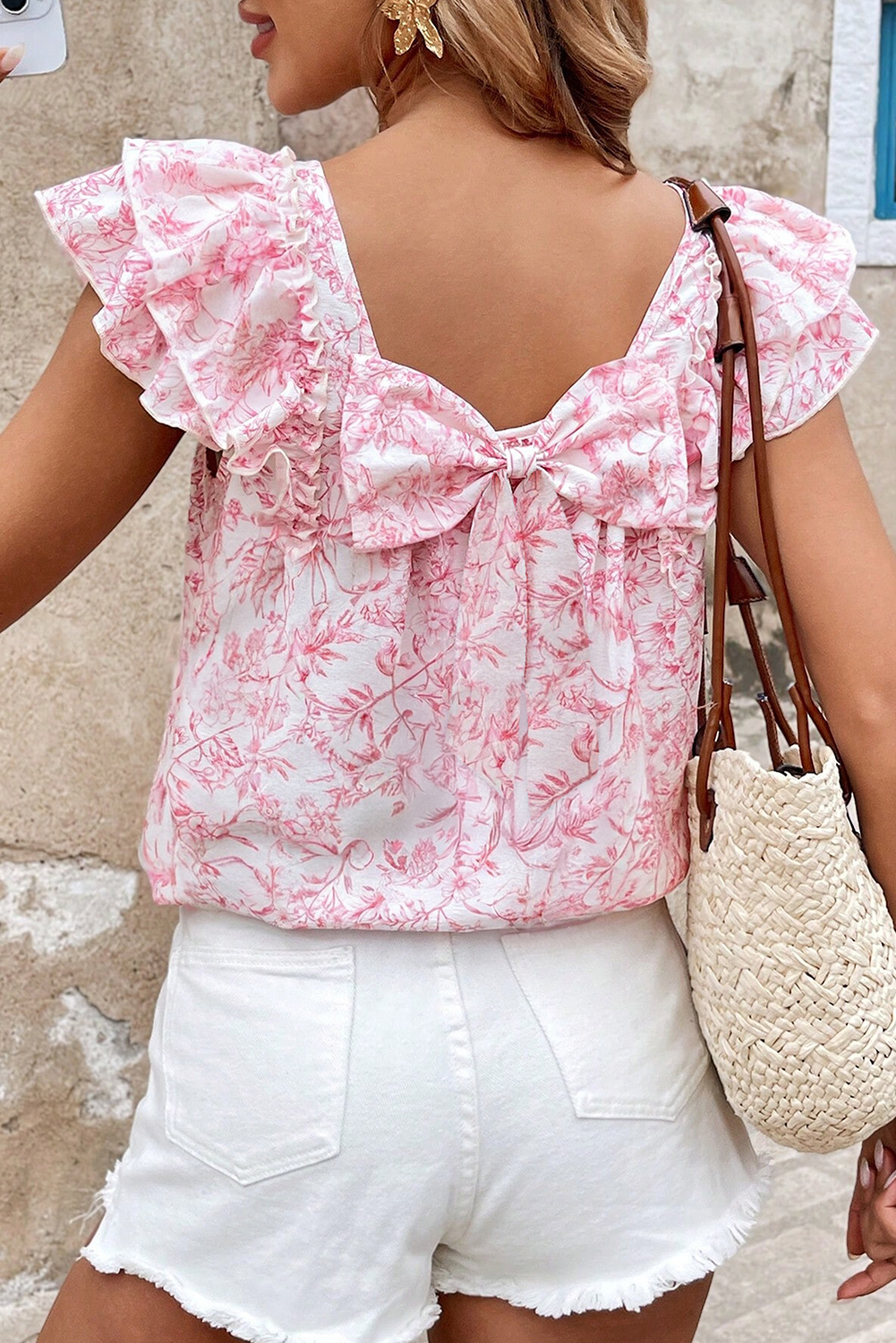Beau Blue Textured Bow Knot Frilled Butterfly Sleeve Blouse