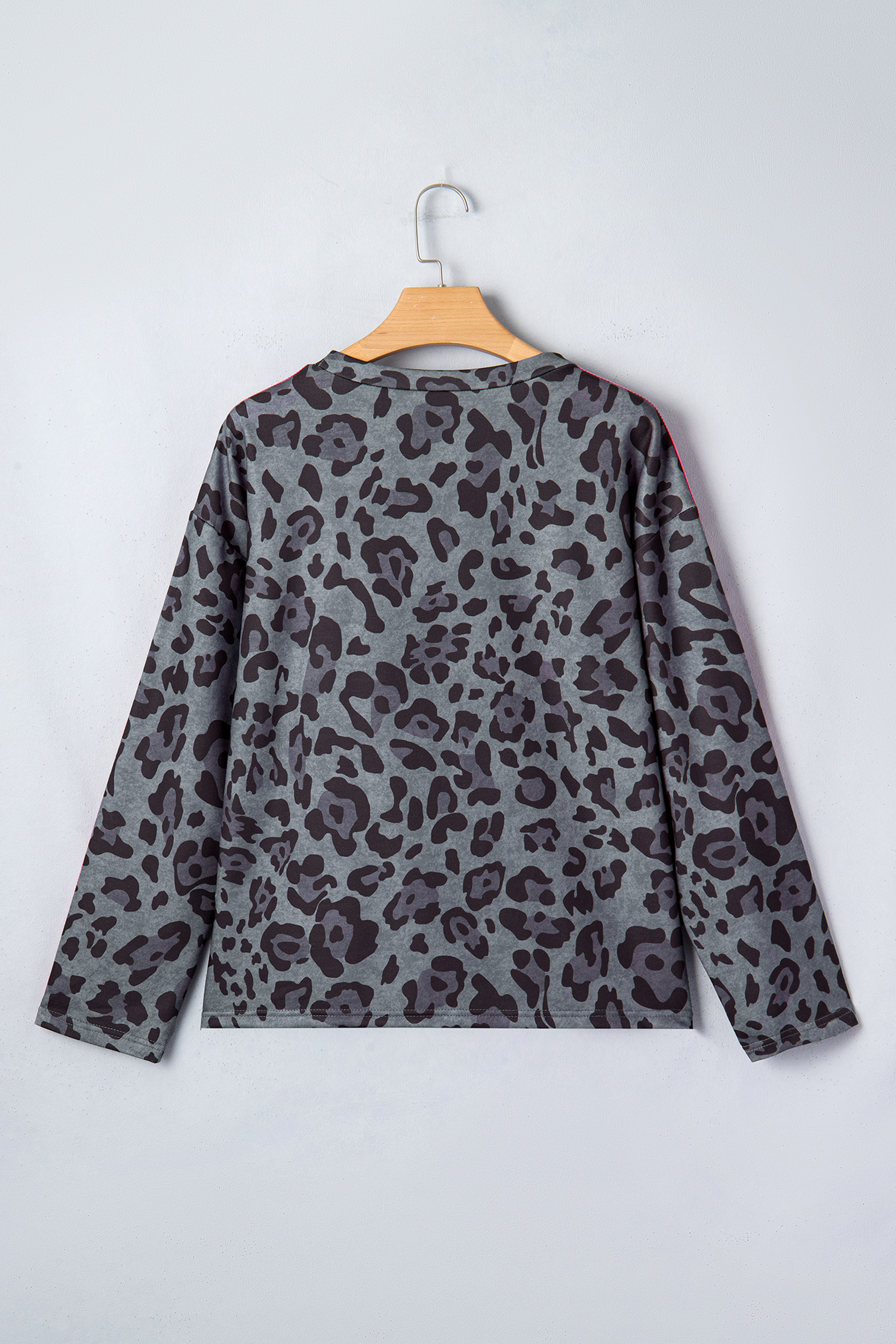 Gray Leopard Print Varsity Striped Trim Long Sleeve Top