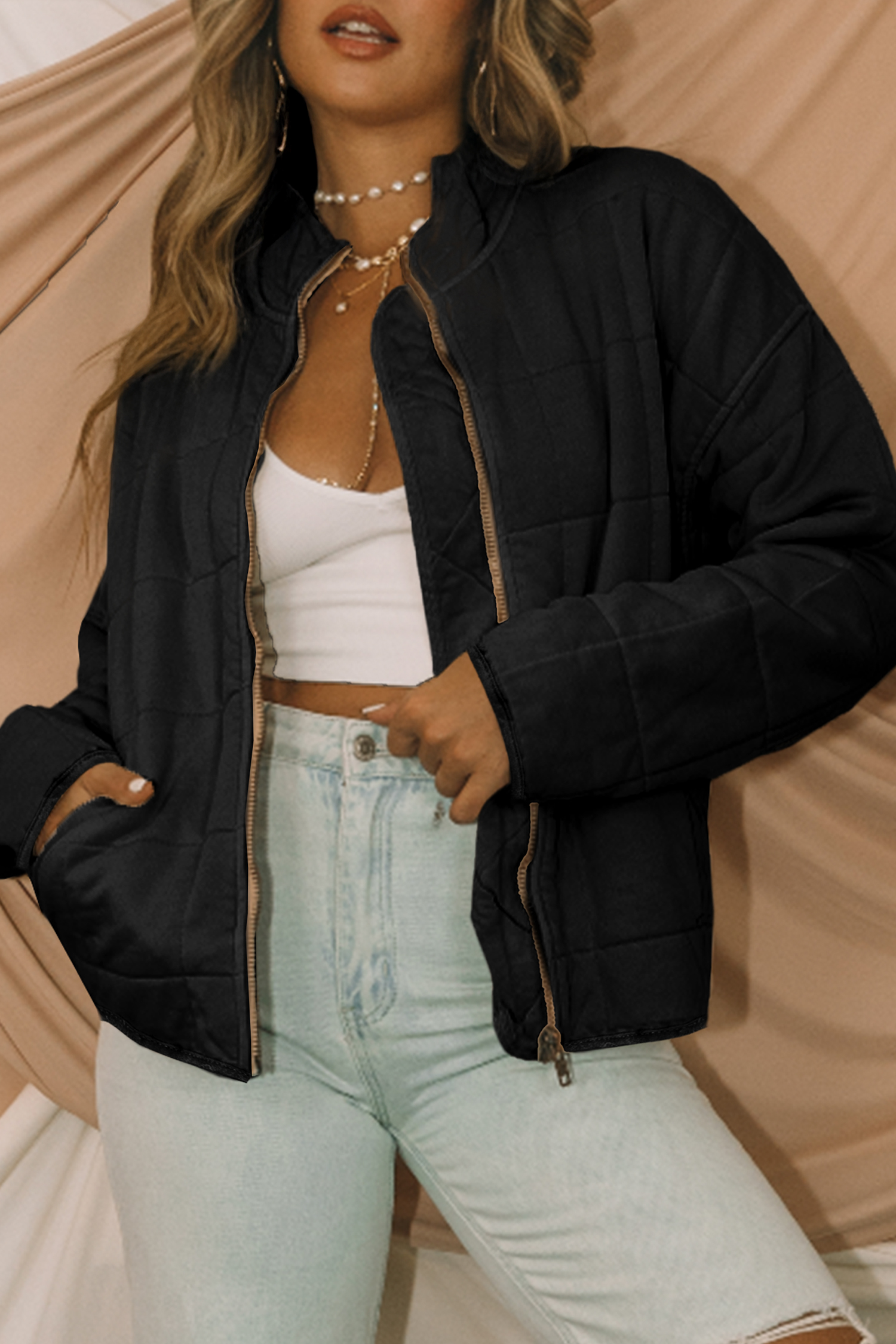 Khaki Zip-Up Pocket Quilted Jacket