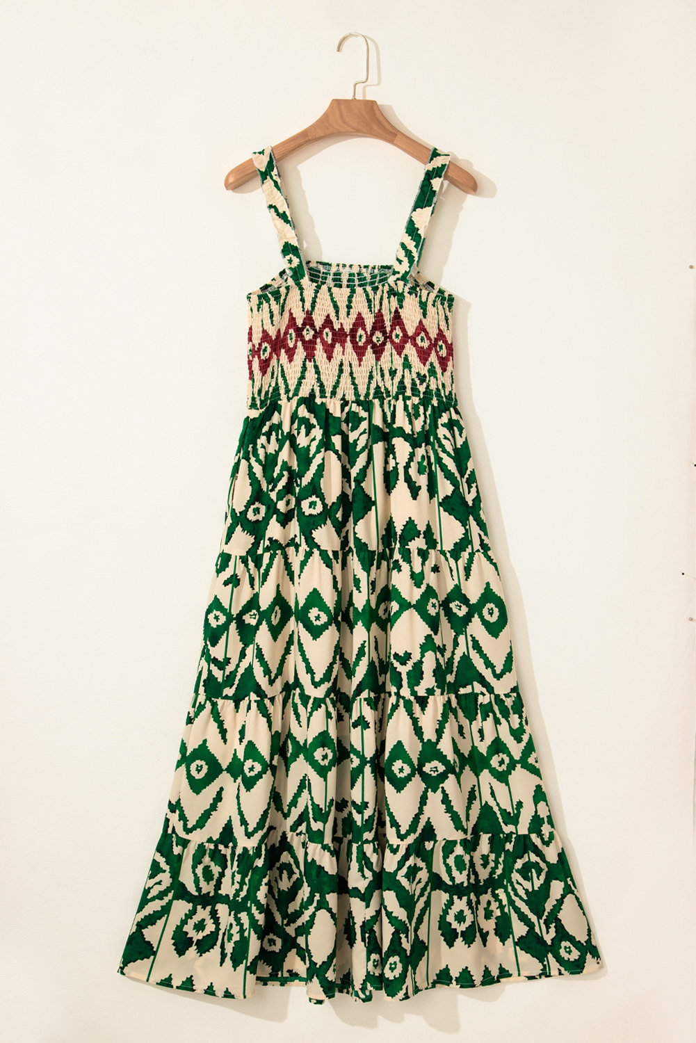 Green Western Aztec Shirred A-line Sleeveless Maxi Dress