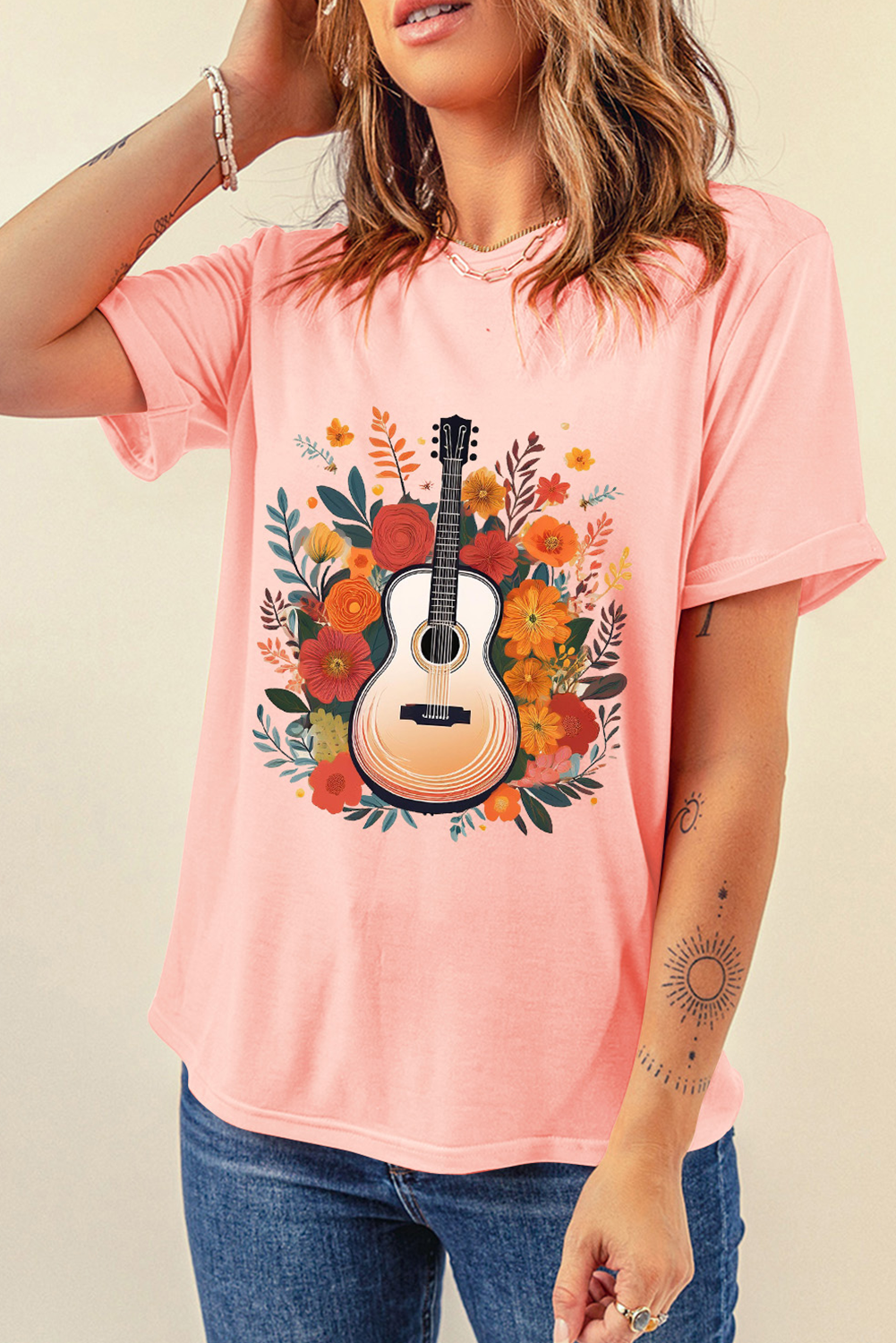 Pink Guitar Flower Print Crew Neck Loose T Shirt