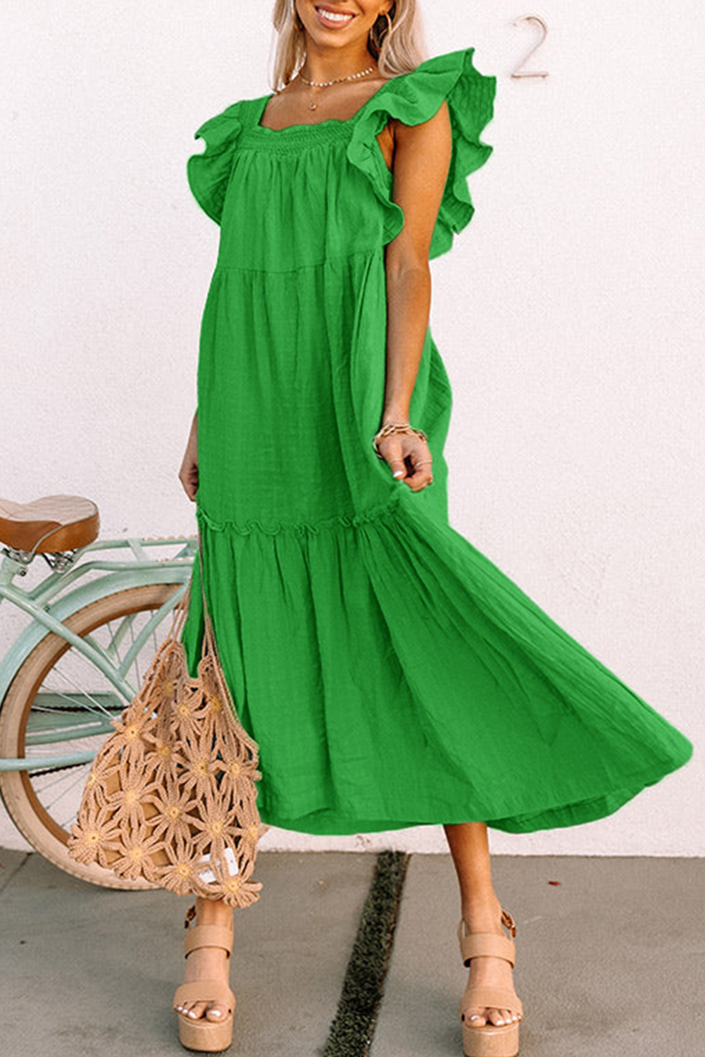 Sky Blue Ruffled Flutter Sleeve Square Neck Textured Tiered Maxi Dress