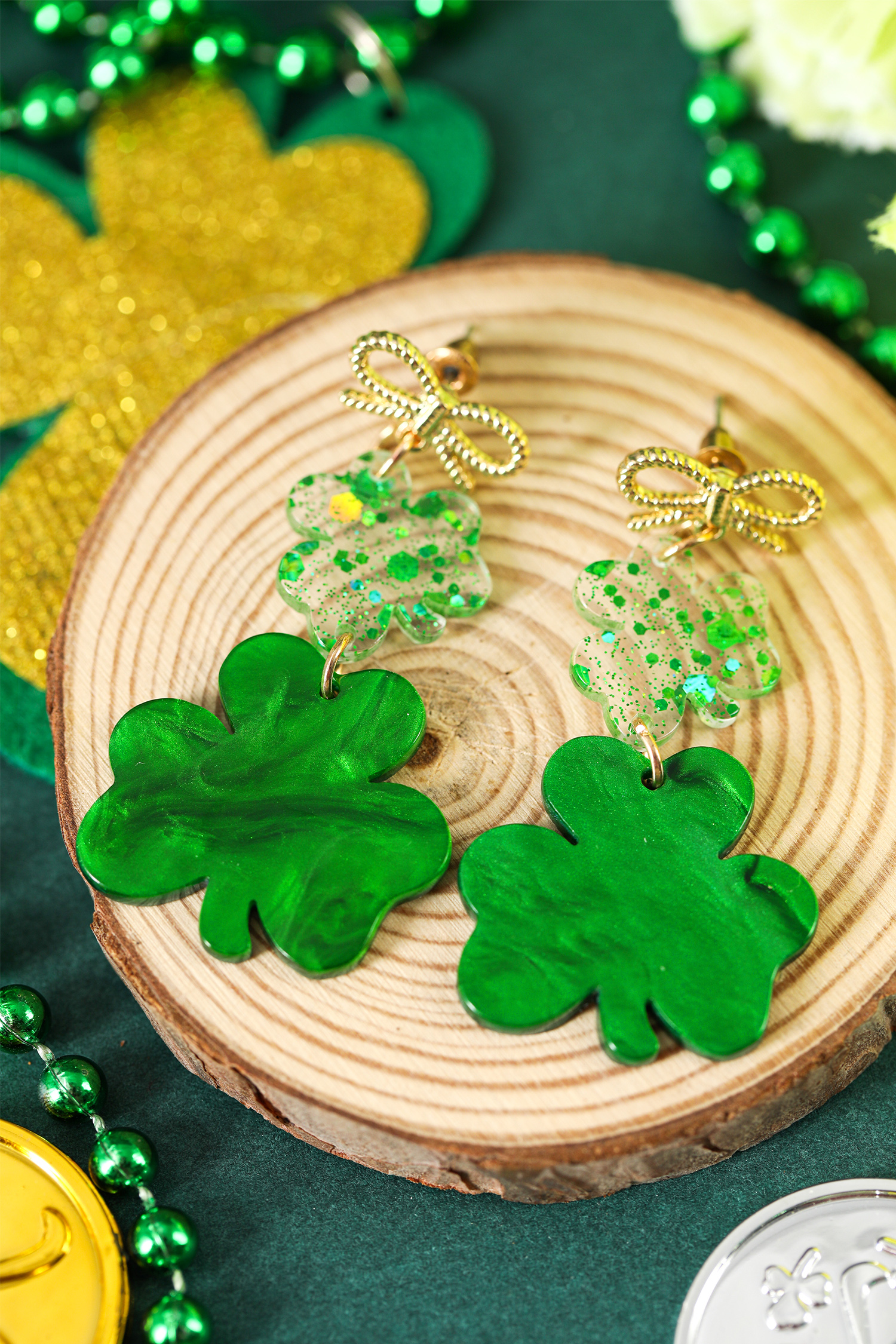 Green Double Clover Dangle Pendant Bow Stud Earrings