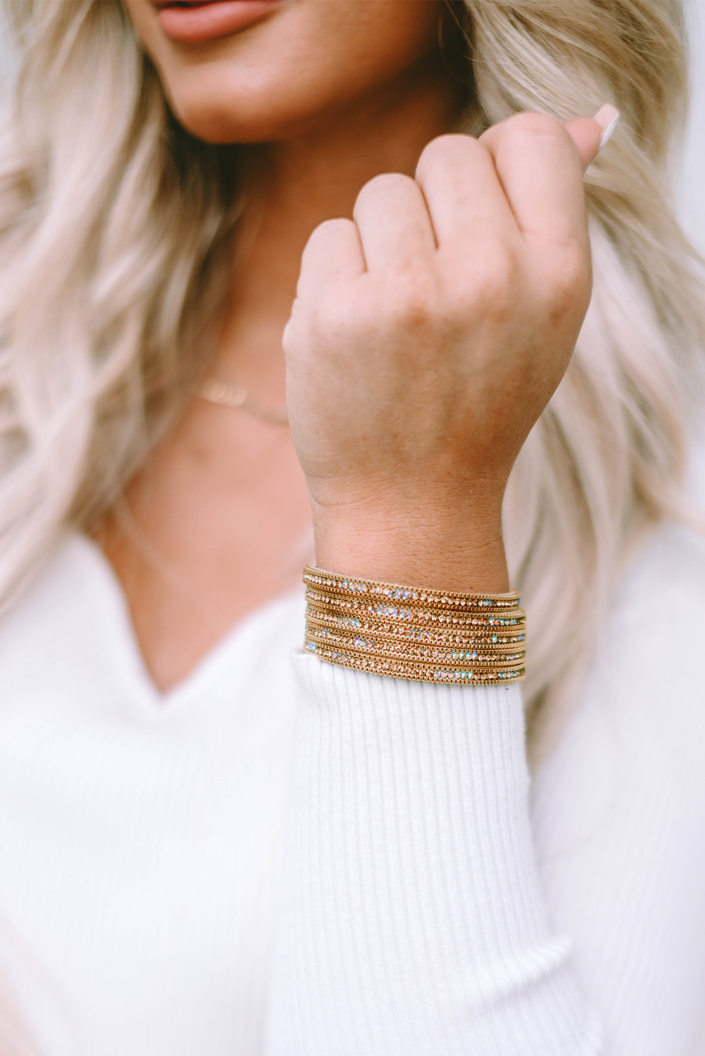 Gold Full Diamond Leather Wide Plated Magnetic Buckle Bracelet