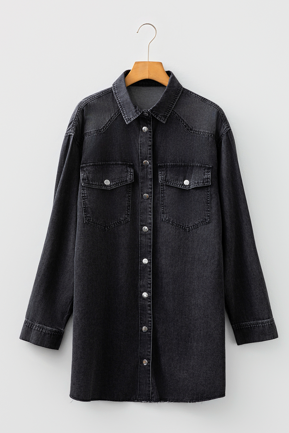 Blue Beau Chest Pocket Raw Hem Denim Loose Shirt Dress