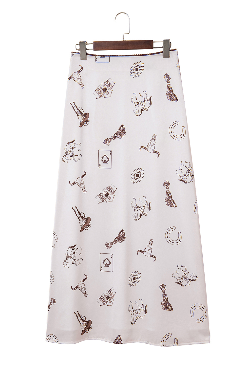 Beige Western Print Satin Long Skirt
