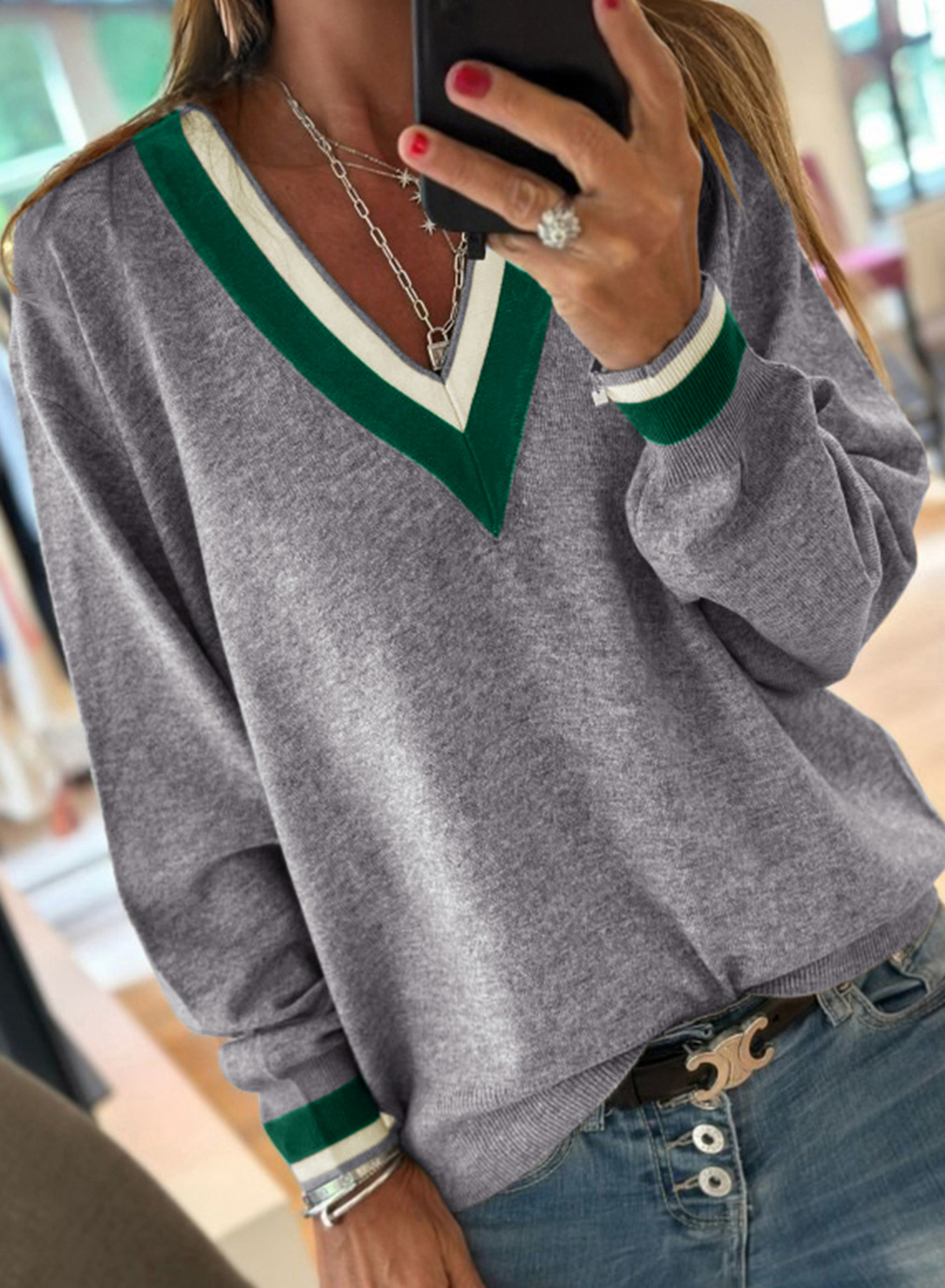 Black Contrast Striped Trim V Neck Varsity Sweater