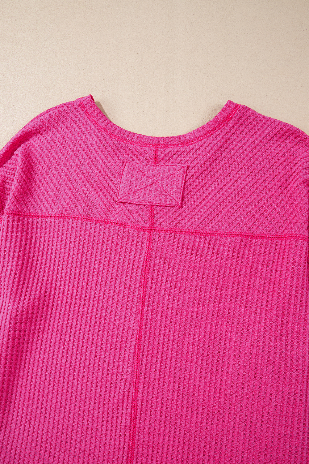 Light Pink Waffle V Neck Long Sleeve Drop Shoulder Loose Blouse