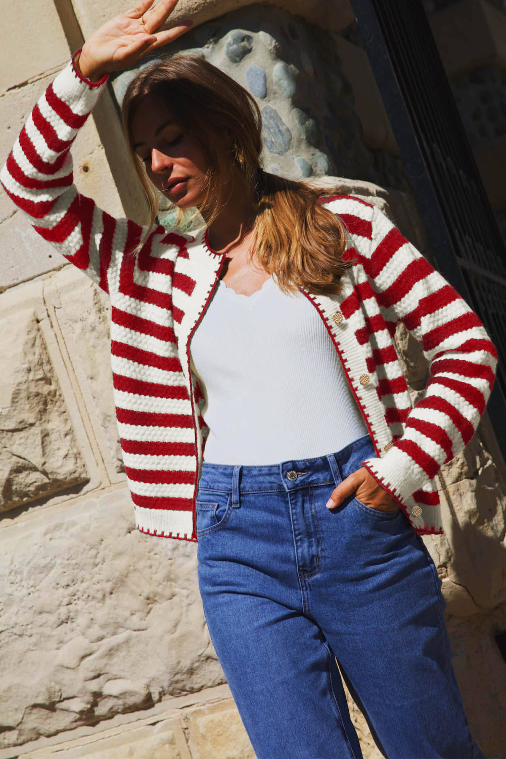 Red Stripe Chic Golden Button Cardigan Sweater
