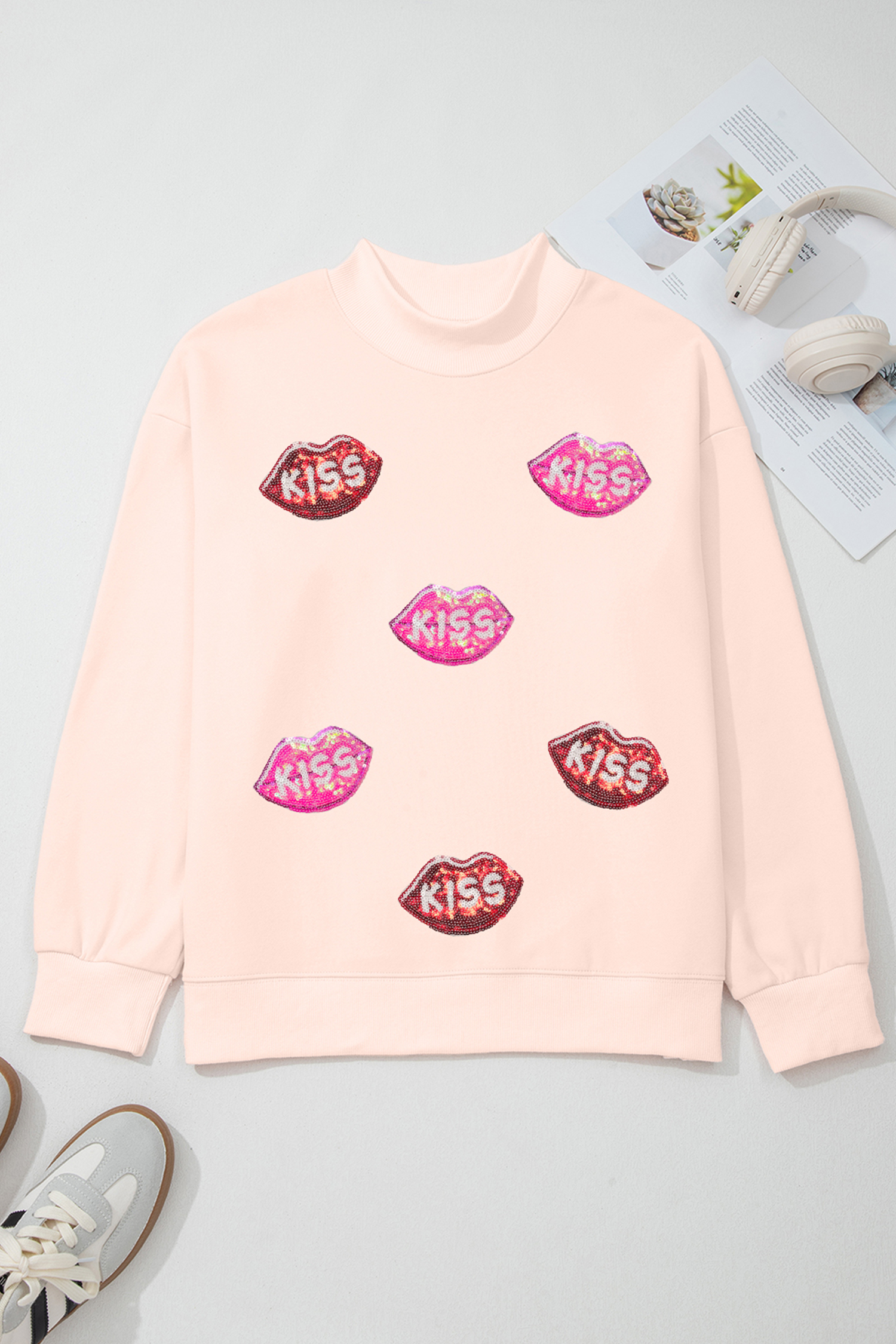 Apricot Pink Cowgirl Element Embroidered Detail Mock Neck Sweatshirt