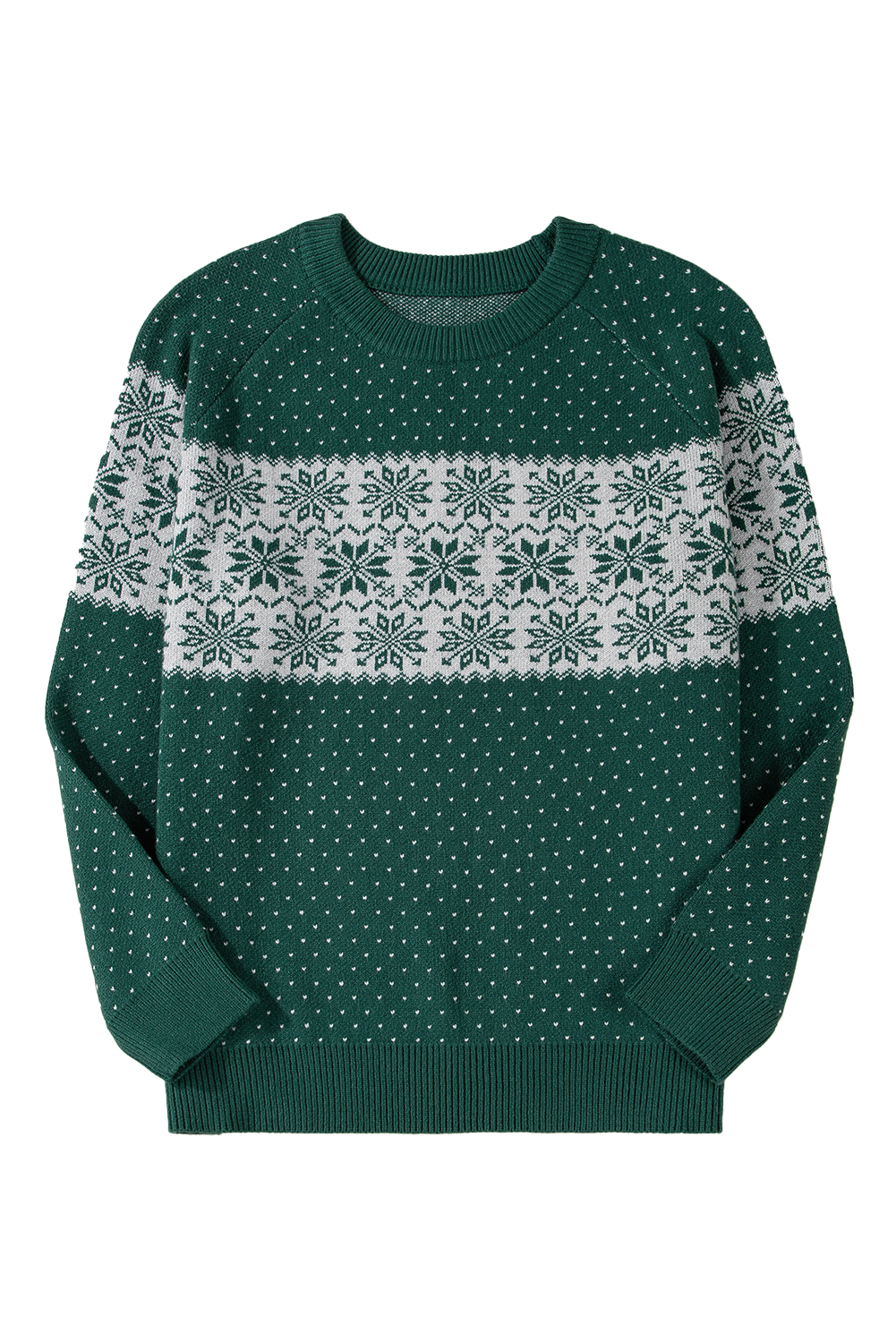 Green Christmas Snowflake Dotted Print Round Neck Sweater