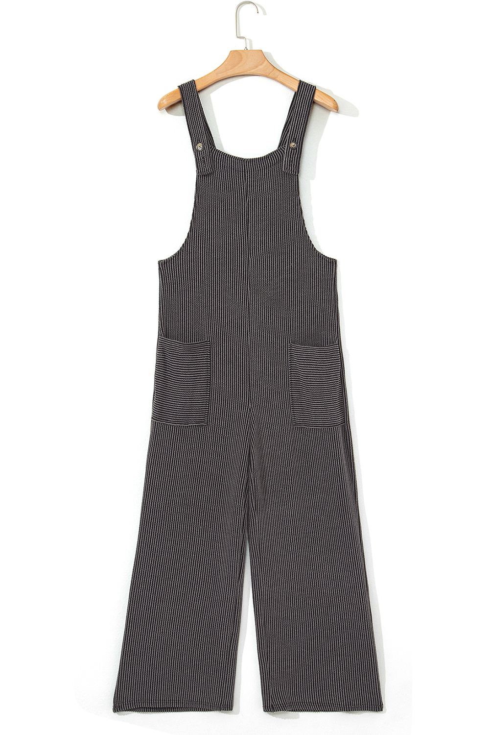 Dark Grey Ribbed Knit Patched Pocket Wide Leg Overalls