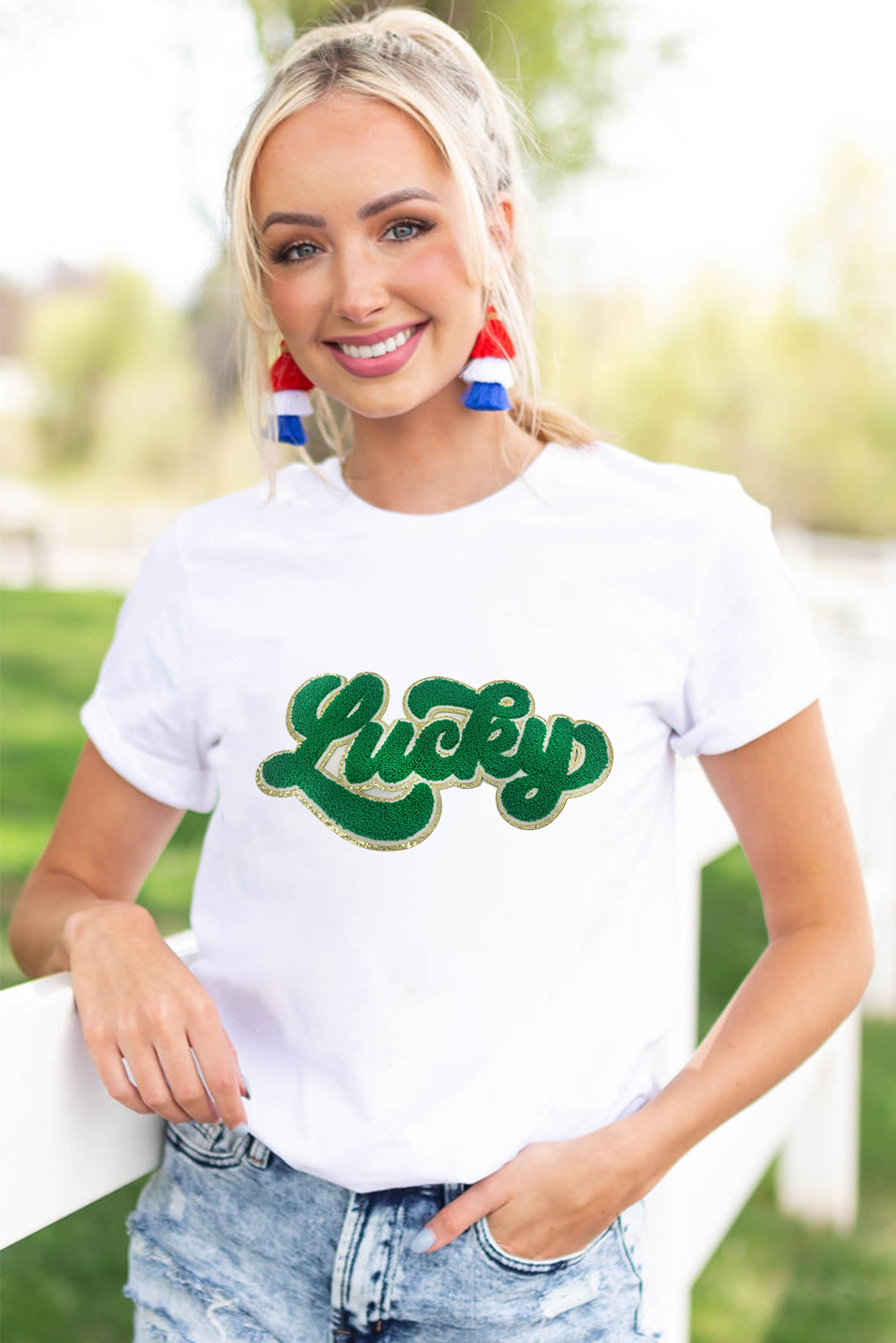 Black St. Patricks Lucky Clover Print O Neck T Shirt