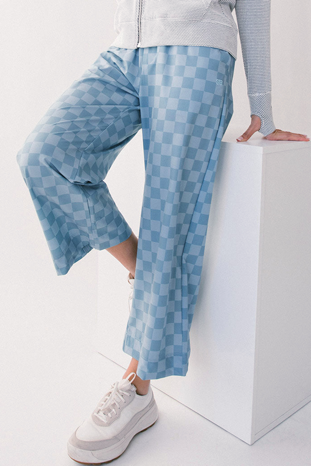 Khaki Checkered Elastic High Waist Loose Casual Pants
