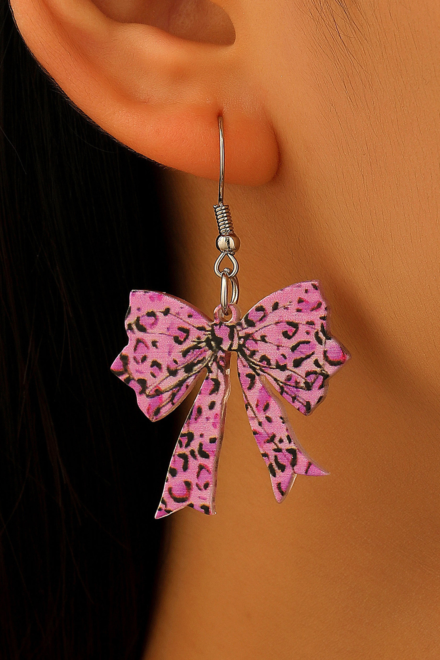 Cinnamon Stylish Leopard Printed Bow Stainless Hook Earrings