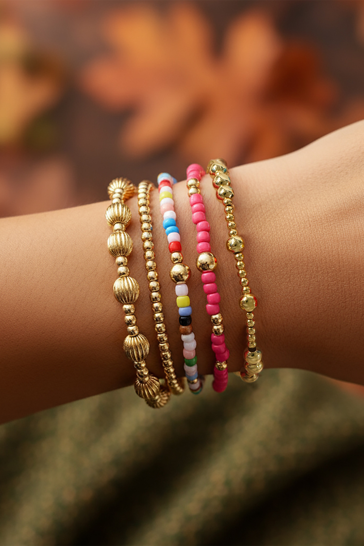 Gold 5pcs Vibrant Beading Stackable Elastic Bracelet Set