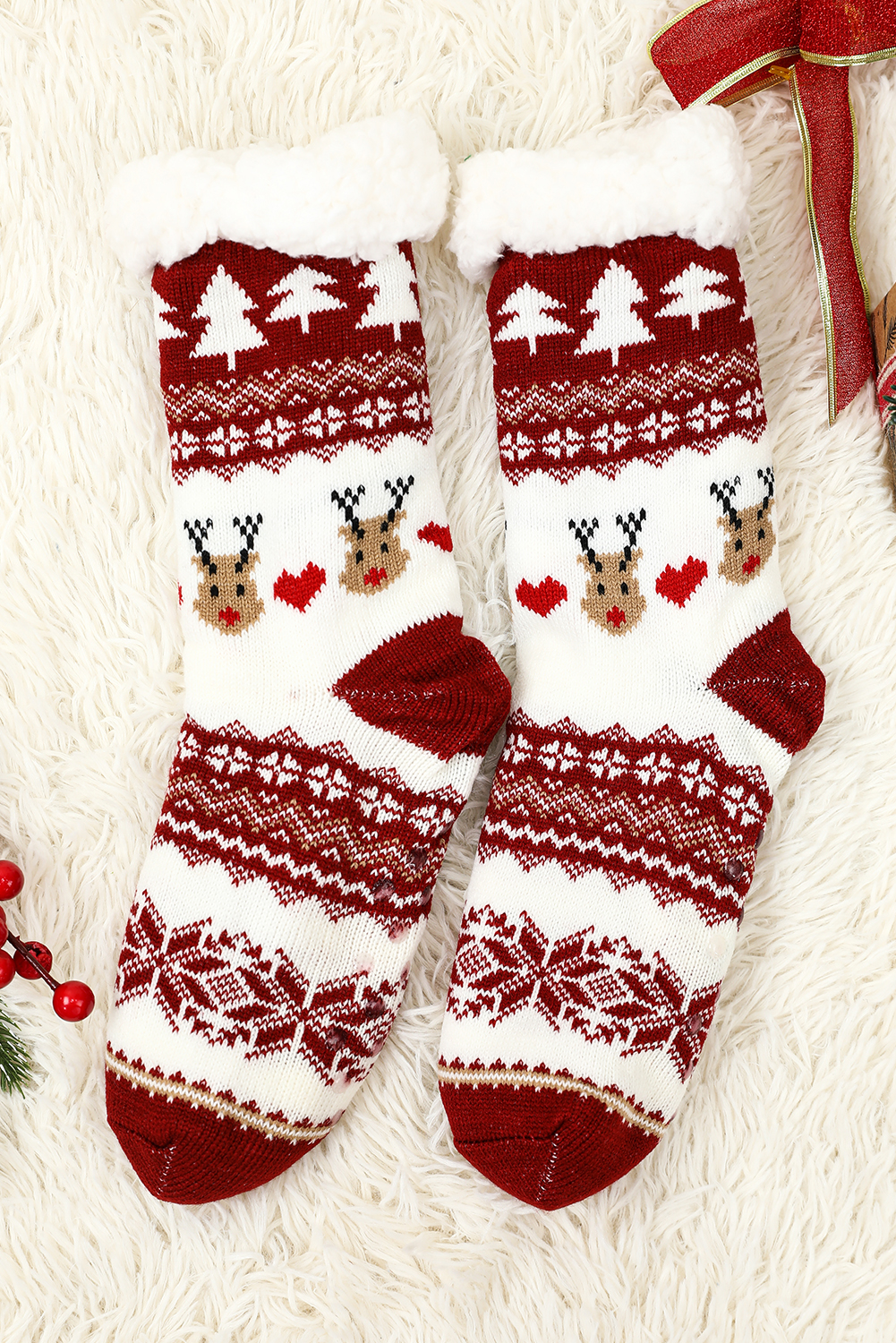 Fiery Red Christmas Cartoon Pattern Woolen Knit Socks