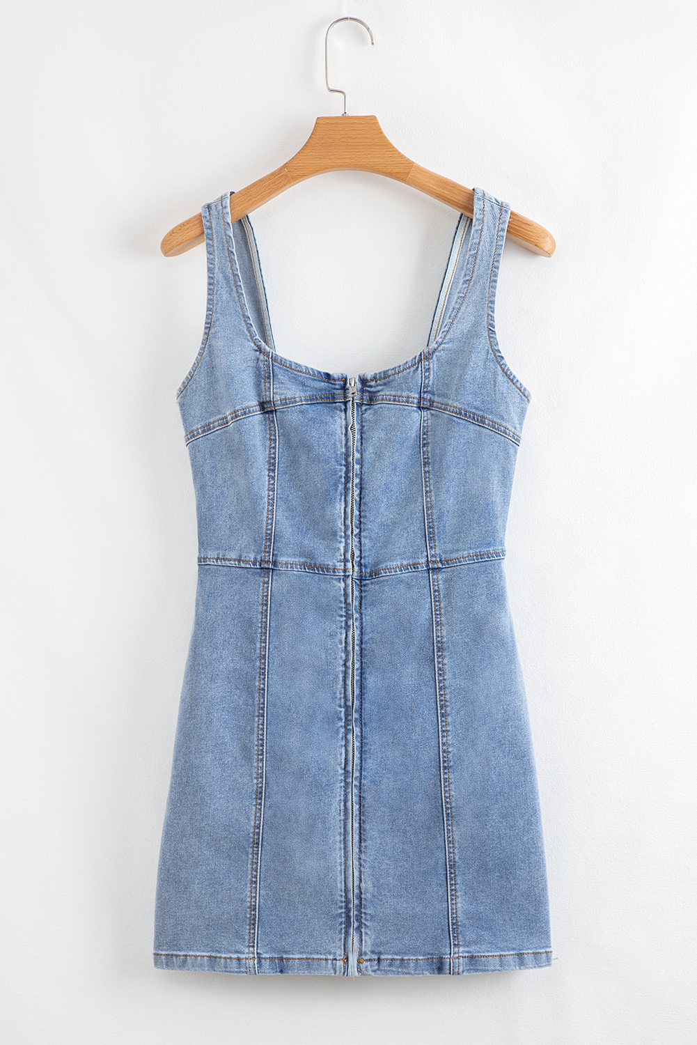 Beau Blue Seamed Zipper Square Neck Sleeveless Denim Mini Dress