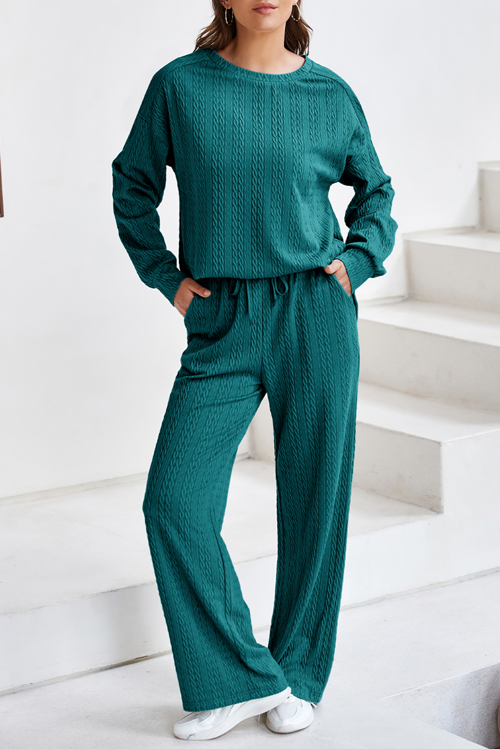 Smoke Green Textured Round Neck Sweatshirt & Loose Drawstring High Waist Pant Set