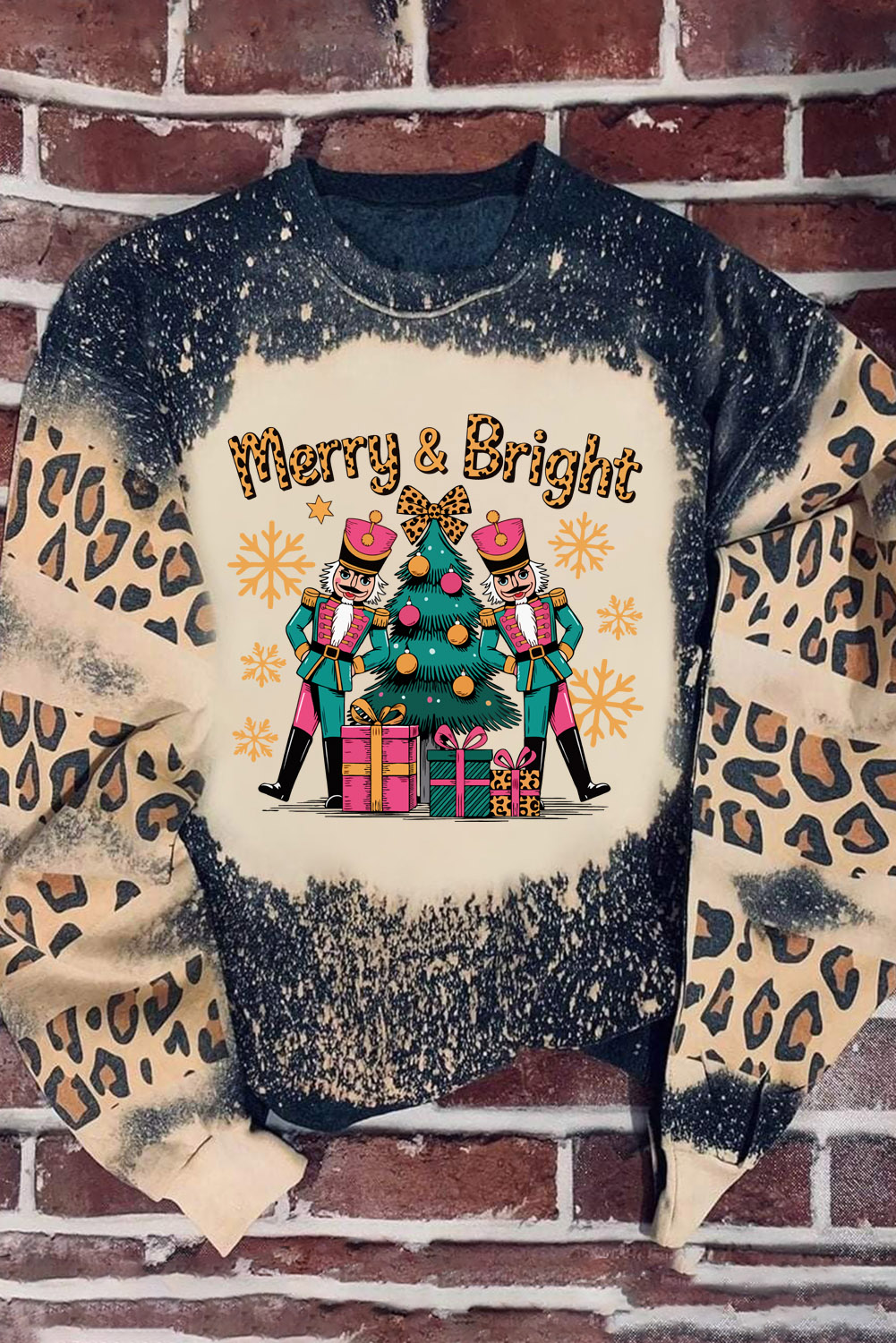 Black Merry&Bright Christmas Nutcracker Printed Leopard Tie Dye Bleached Baggy Sweatshirt
