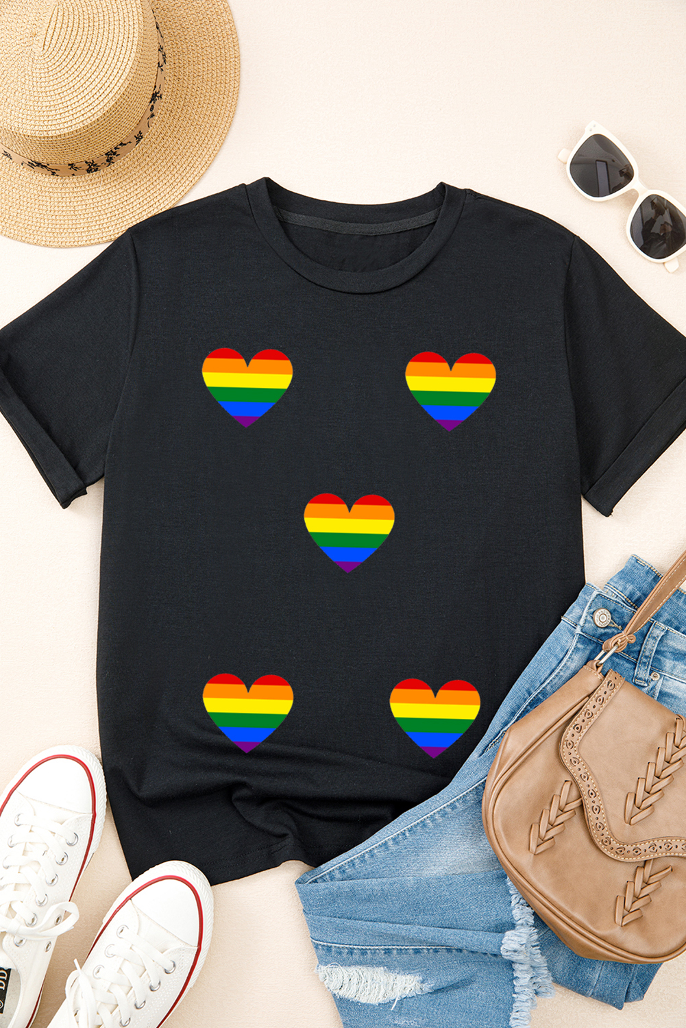 Black Heart Print Crew Neck Chic T Shirt