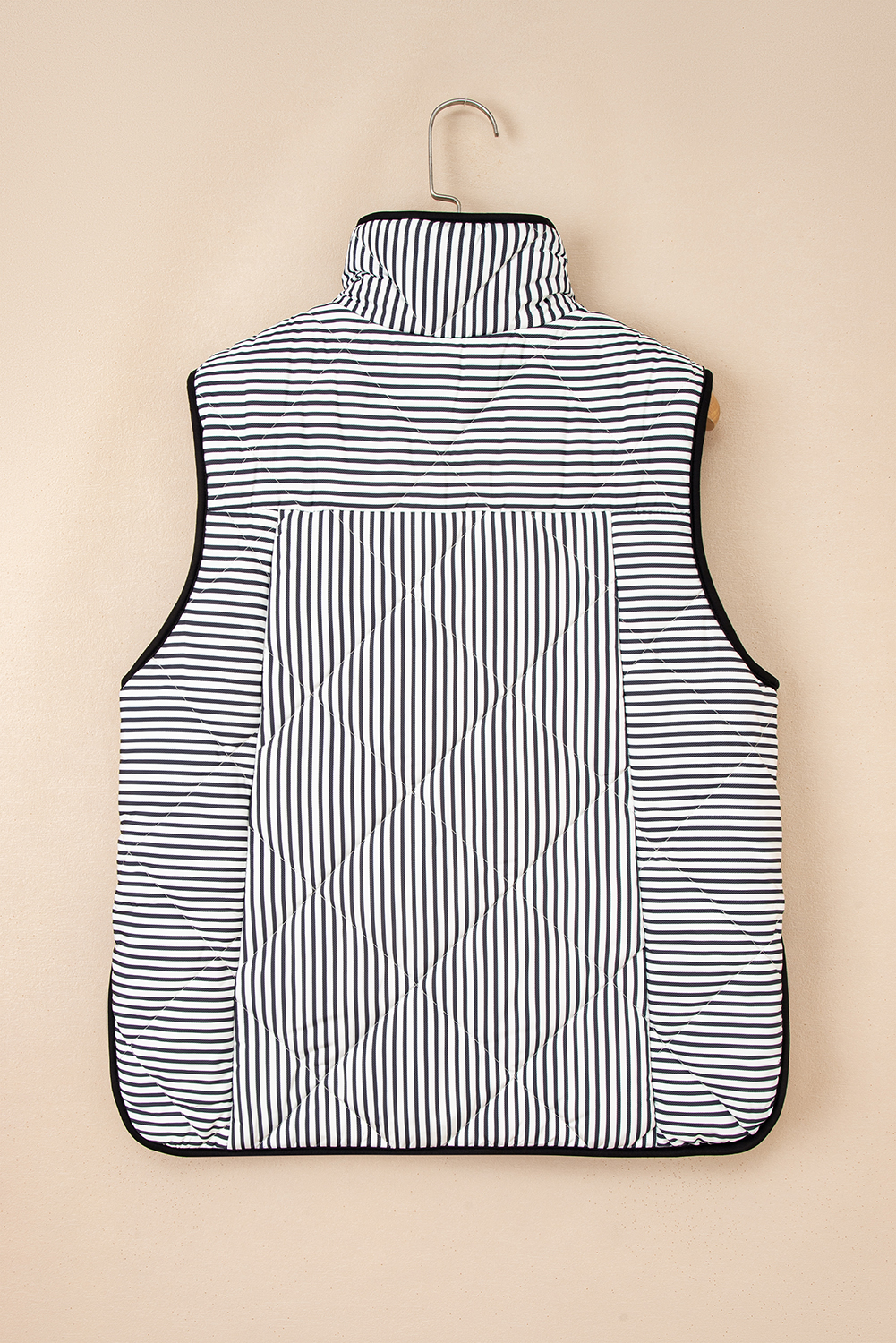 Black Stripe Contrast Trim Snap Button Collared Winter Vest