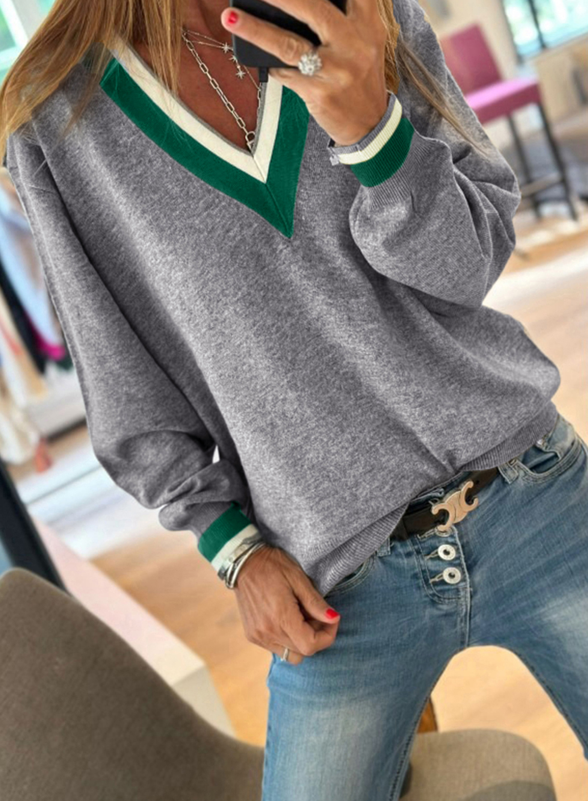 Black Contrast Striped Trim V Neck Varsity Sweater
