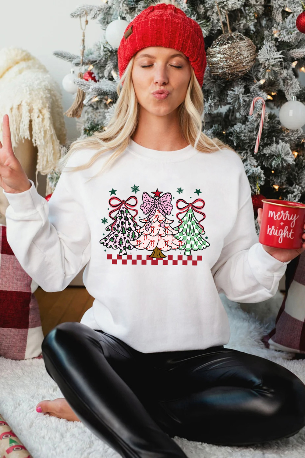 White Christmas Tree Graphic Customized Holiday Sweatshirt