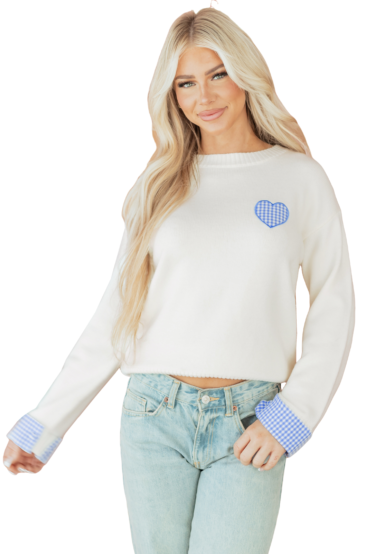 Light Pink Plaid Heart Embroidered Cuffed Drop Shoulder Crew Neck Sweater