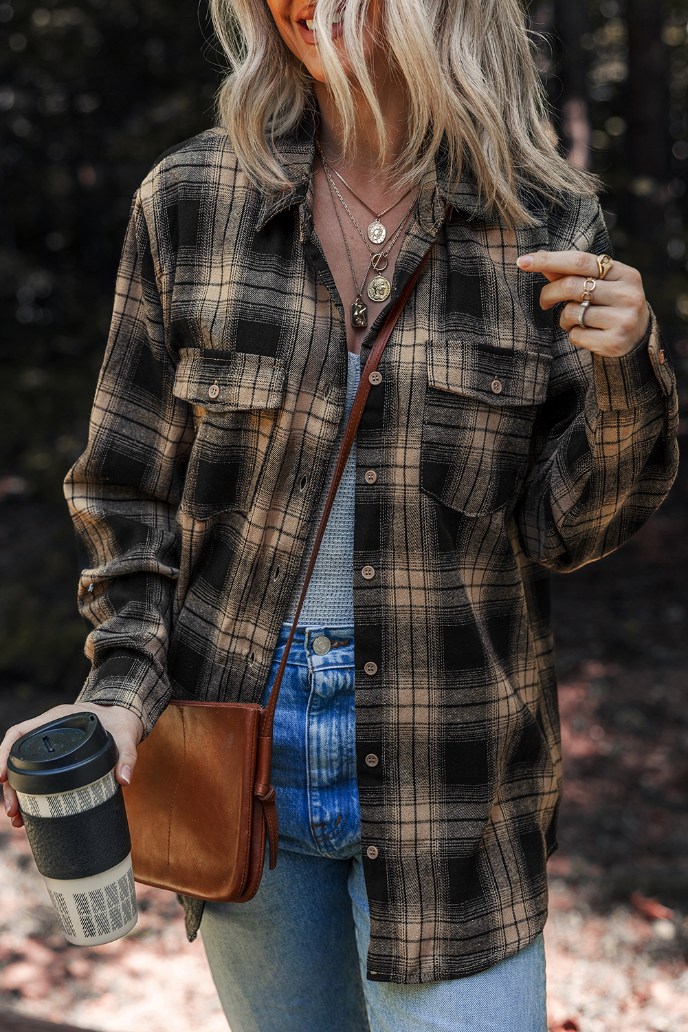 Multicolour Retro Plaid Double Flap Pocket Brushed Shacket