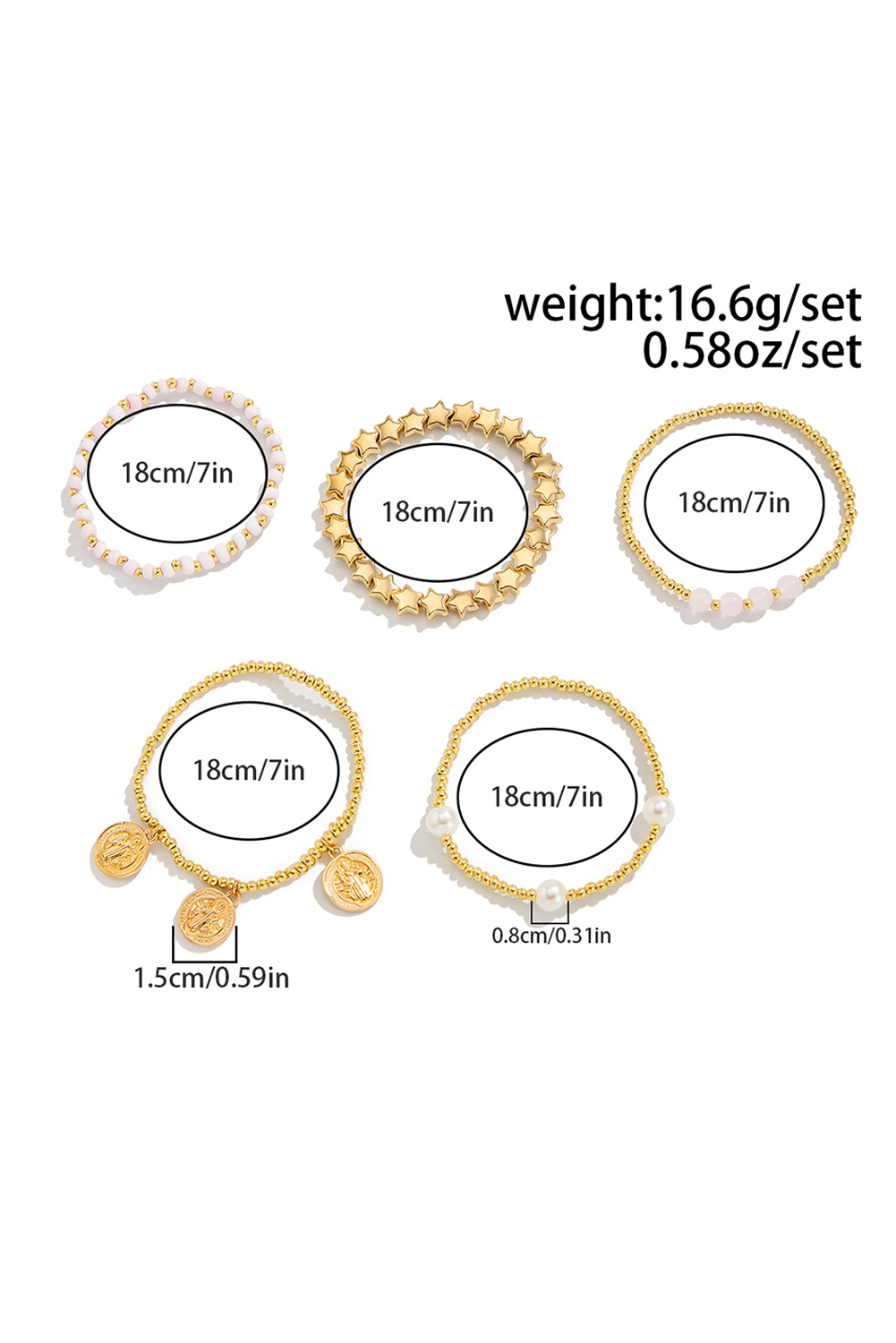 Gold Discs Pearl Stars Beaded Multi Layer Bracelet Set