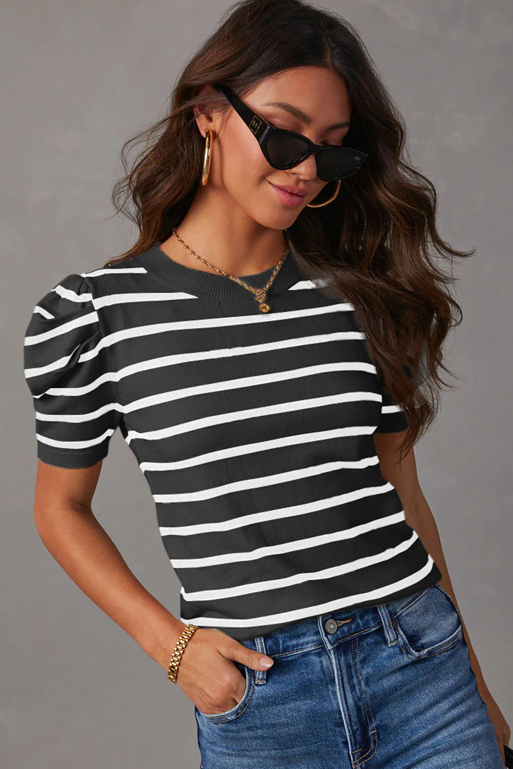 Blue Stripe Ribbed Trim Round Neck Bubble Sleeve Knitted Top