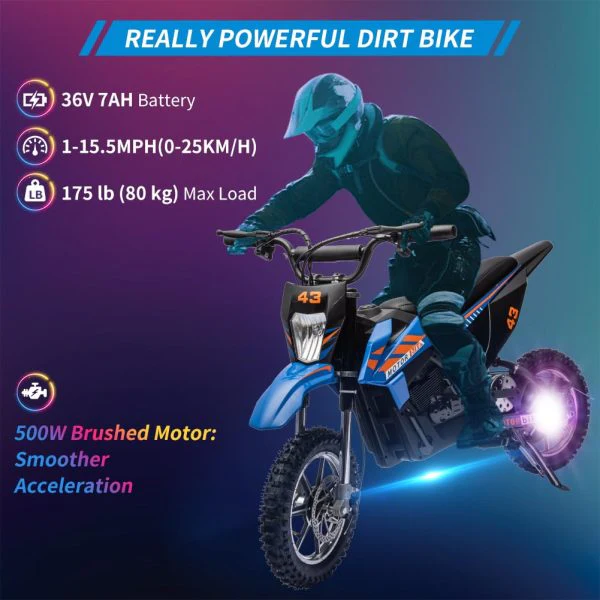 36V Kids Electric Dirt Bike, 36V, 350W, 15.5MPH, LED, 175lbs Max – Blue