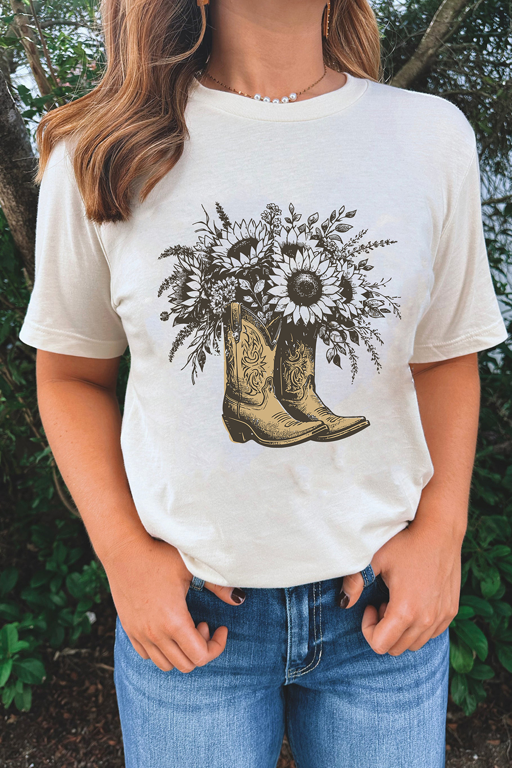 White Sunflower Cowgirl Boots Cotton Blend Graphic Tee
