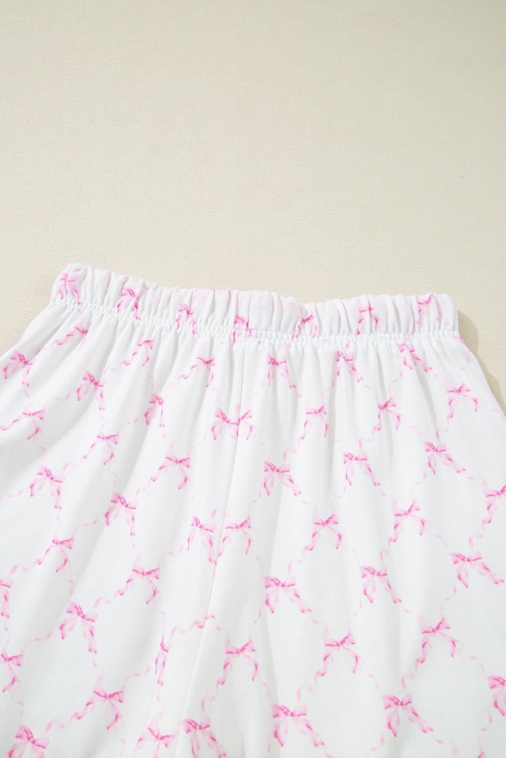 Pink Bow Knot Geometric Print Lettuce Trim Two Piece Lounge Set