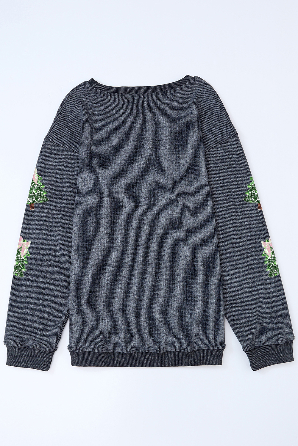 Gray Ribbed Round Neck Sequin Christmas Tree Patched Baggy Sweatshirt