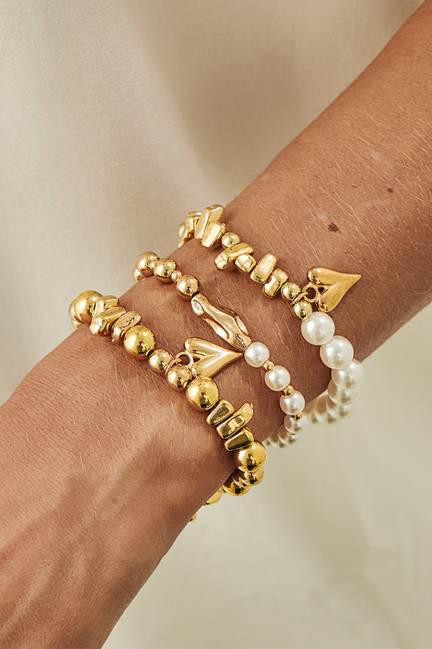 Gold 3pcs Irregular Beads Pearl Detail Bracelet Set