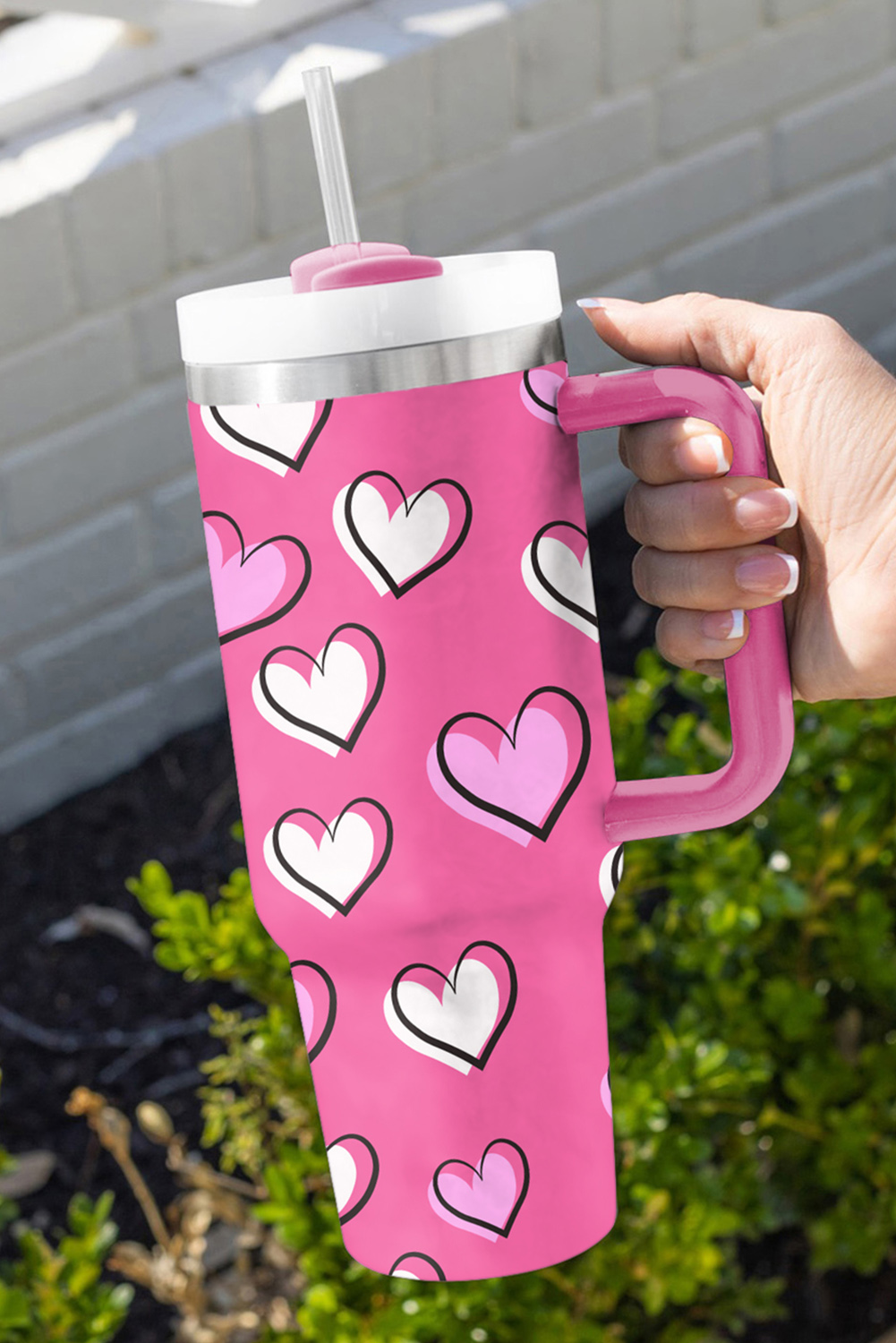 Black Valentines Heart Printed Thermos Cup with Handle 40oz
