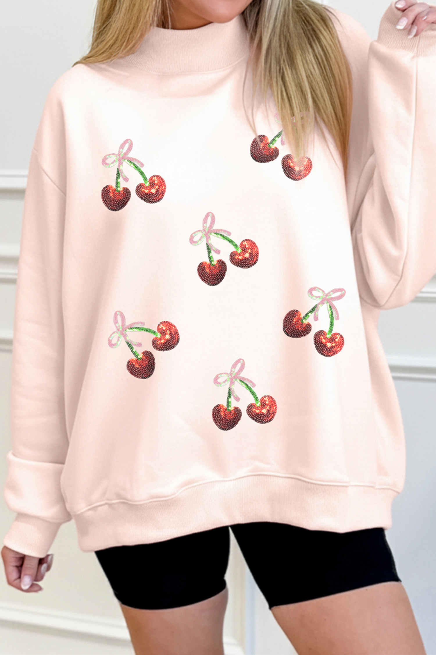 Apricot Pink Cowgirl Element Embroidered Detail Mock Neck Sweatshirt