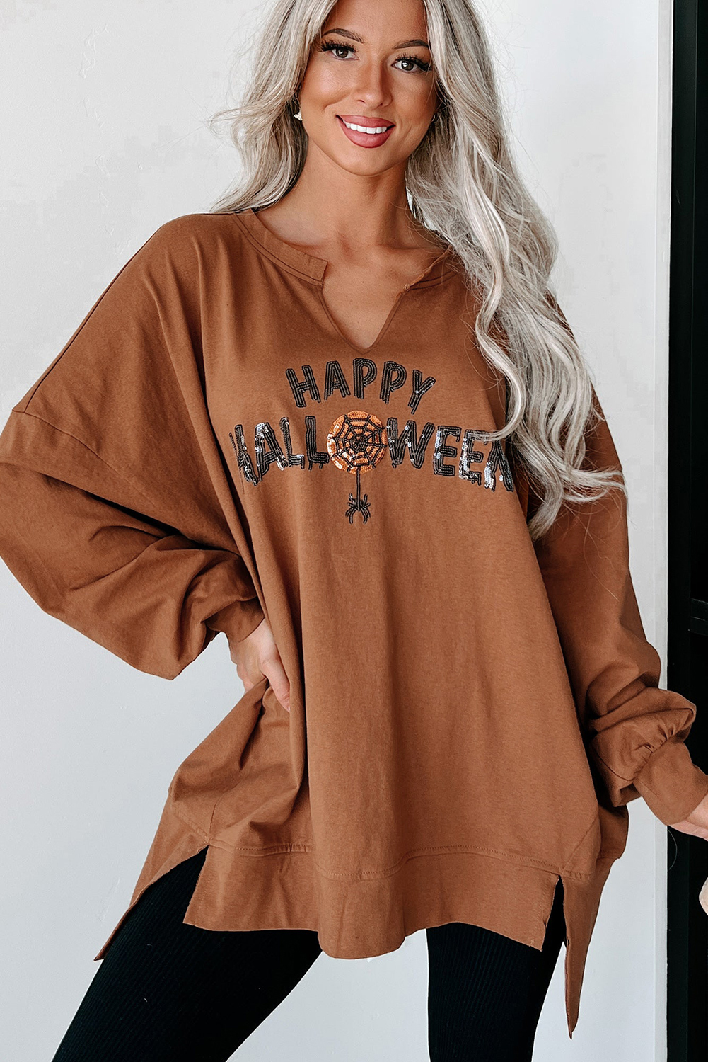 Medium Grey Sequin Happy Halloween Graphic Notched Neck Long Sleeve Loose Top