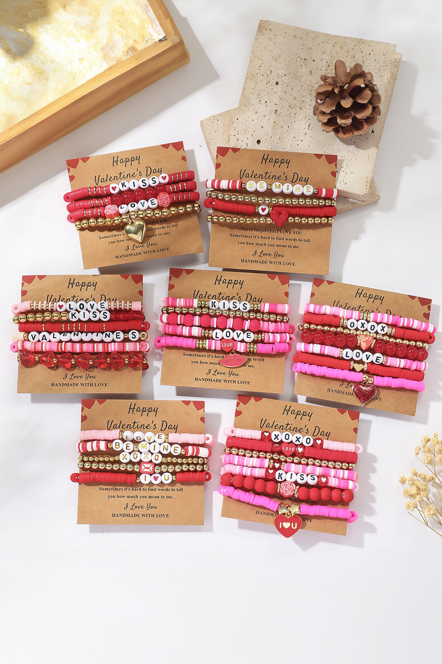Fiery Red KISS LOVE Valentines Day Golden Beading Bracelets 4pcs Set