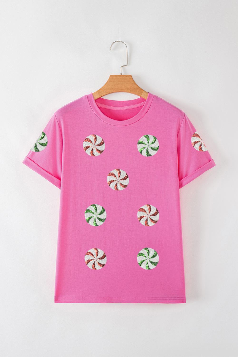 Sachet Pink Sequined Peppermint Pattern Christmas Custom T Shirt
